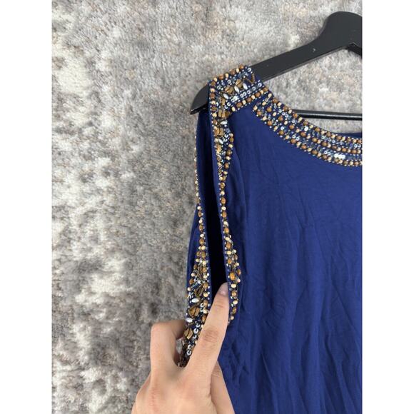 Joyous & Free Womens Size S Beaded Sequins Cold Shoulder Tunic Top Navy Stretch - Picture 3 of 11